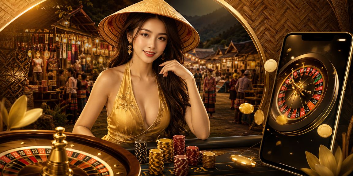 Người phụ nữ Việt Nam đội nón lá chơi roulette trực tuyến tại Sa Pa với khung cảnh thiên nhiên tươi đẹp